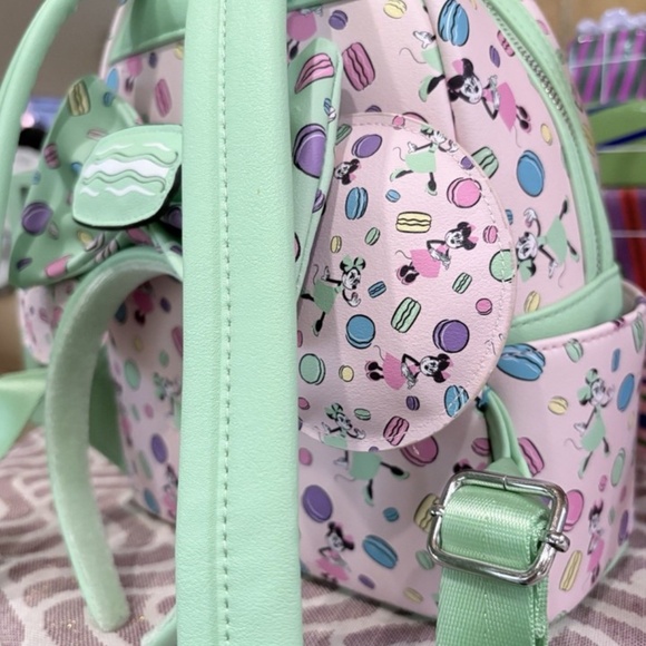 Disney Parks Loungefly Minnie Macaron Backpack+Matching Ears Set Mint Pink NWOT - Picture 10 of 15